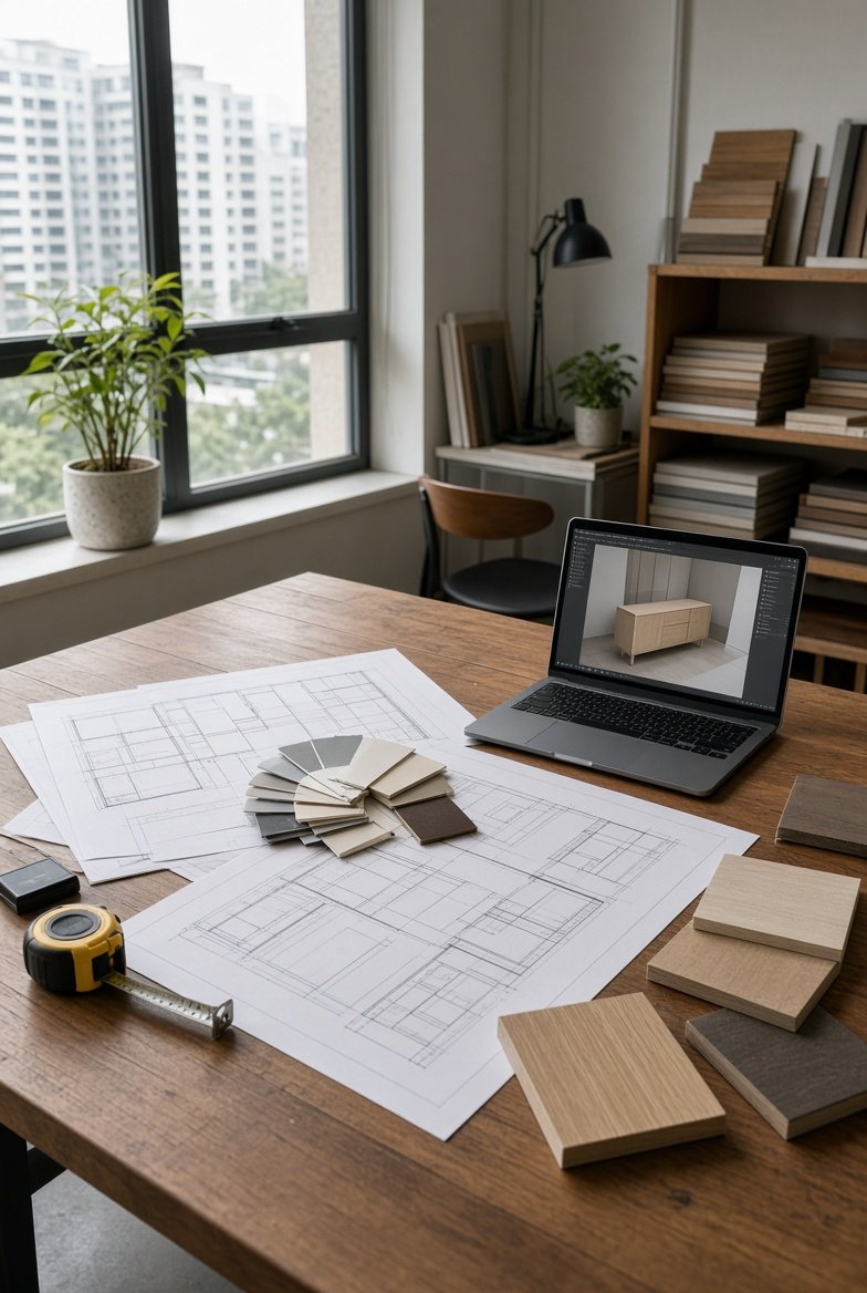 Furniture designer reviewing drawings in a studio